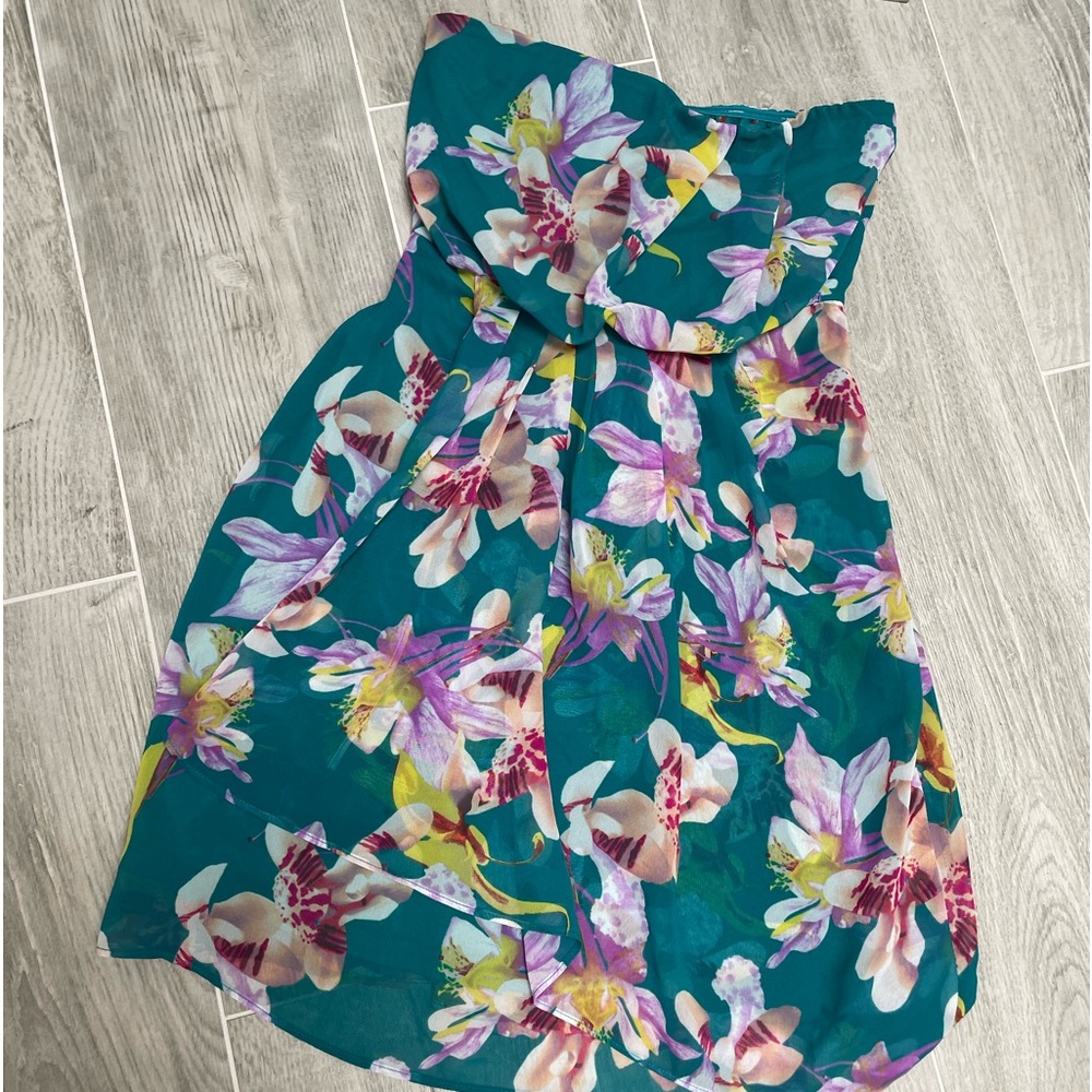 Express Teal Floral strapless dress